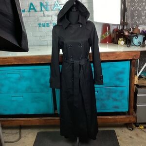 DKNY Women's Black Trench Coat Hooded Double-Breasted Belted Long, M